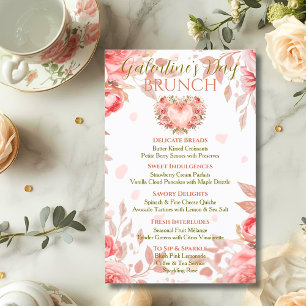 Blush Rococo Floral Heart Galentine Brunch Menu Invitation