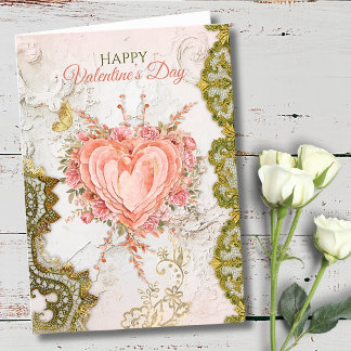 Blush Rococo Floral Heart Galentine Lace Elegance Holiday Card