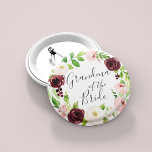 Blush Romance Grandmother of the Bride 6 Cm Round Badge<br><div class="desc">Identify the key players at your bridal shower with our elegant,  sweetly chic floral buttons. Button features a blush pink and burgundy marsala watercolor floral wreath with "grandma of the bride" inscribed inside in hand lettered script.</div>