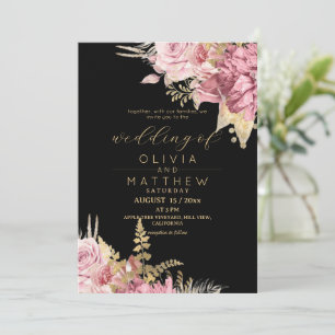  Blush Rose Black ⎮ Gold Floral Modern Wedding  Invitation