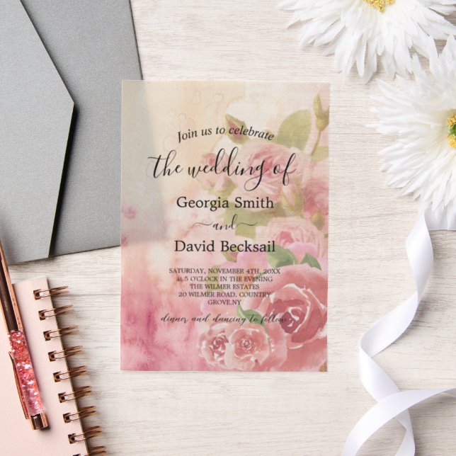 Blush Rose Botanical Wedding Vellum Invitations (Wedding)