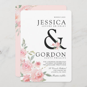 Blush Rose Bouquet Bold Ampersand Wedding Invite
