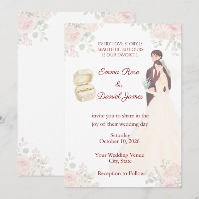 Blush Rose Bride & Groom Wedding Invitation  (Front/Back)