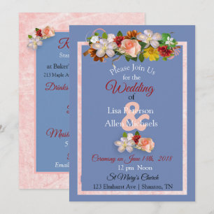 Blush Rose Burgundy Blue Floral Wedding Invitation