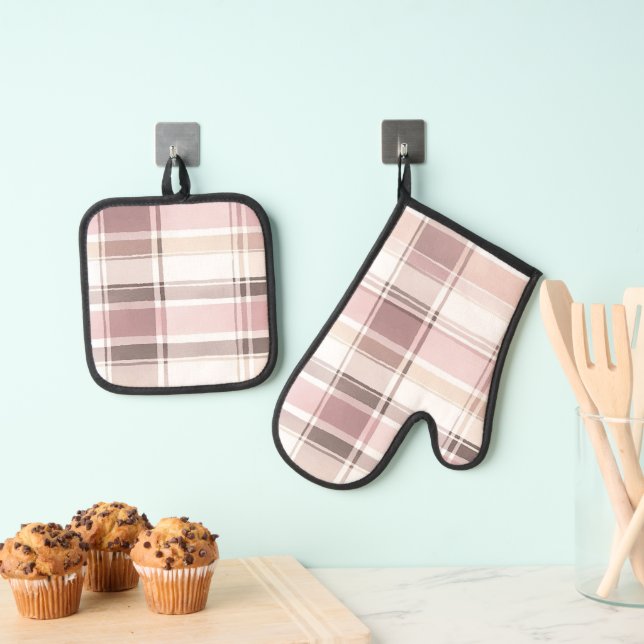 Blush Rose Cream Brown Stripes Bridal Shower Oven Mitt & Pot Holder Set (Insitu(Hanging))