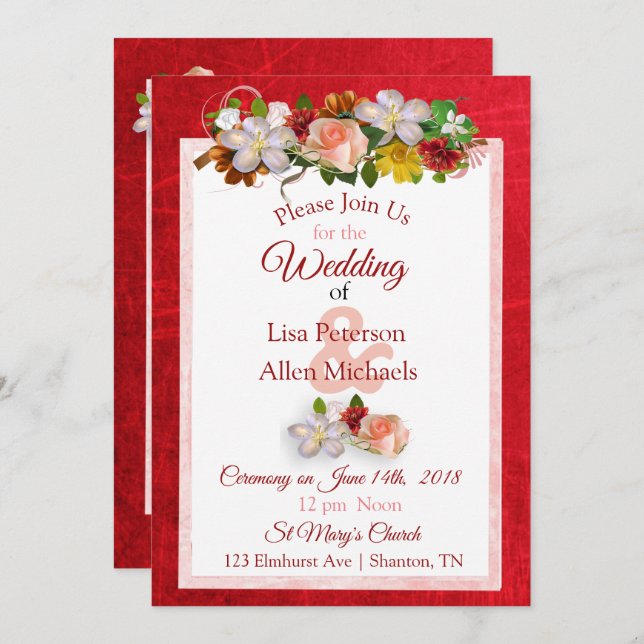 Blush Rose Deep Red Floral Wedding Invitation (Front/Back)