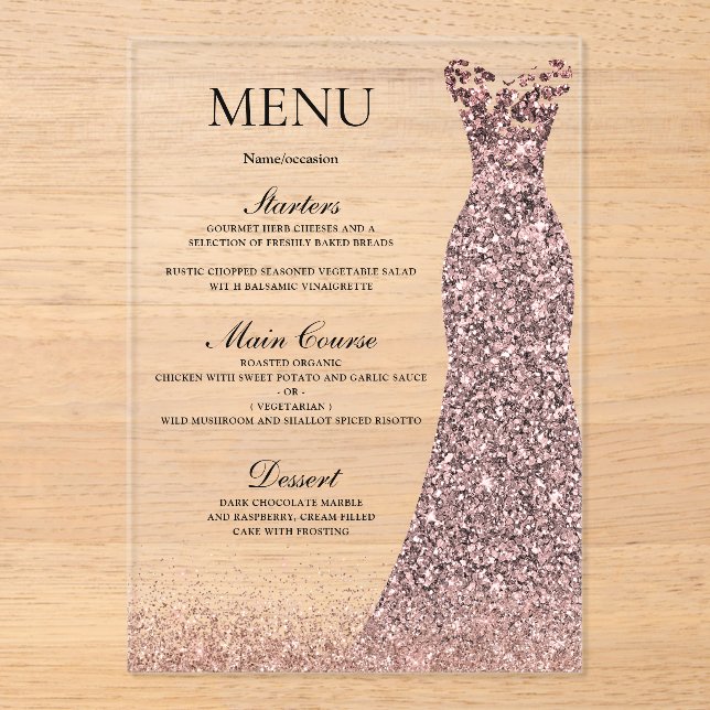 Blush Rose Dress Birthday Party Bridal Shower Menu Acrylic Invitations (Front)