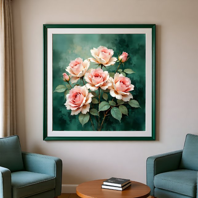 Blush Rose Elegance on Deep Jade Poster (Creator Uploaded)