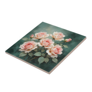 Blush Rose Elegance on Deep Jade Tile