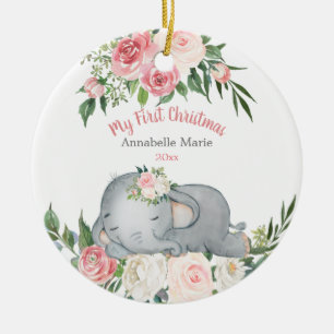 Blush Rose Elephant Baby's 1st First Christmas Ceramic Tree Decoration
