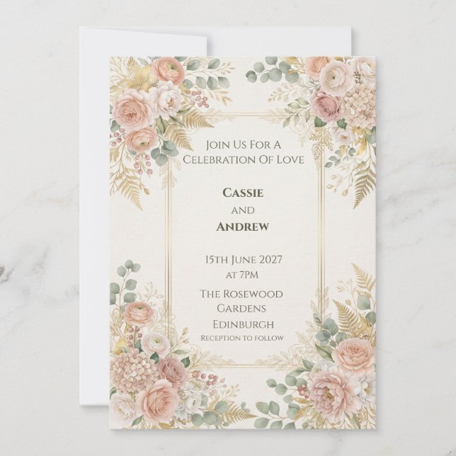 Blush Rose Eucalyptus Gold Frame Wedding Invitation (Front)