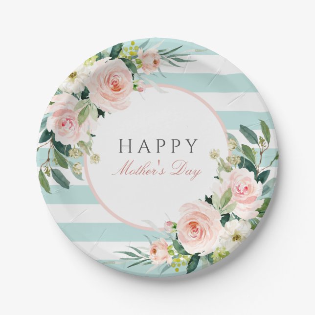 Blush Rose Floral and Stripes Mother's Day Paper Plate (Front)
