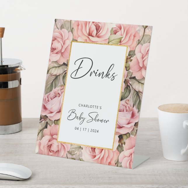 Blush Rose Floral Baby Shower Drinks Pedestal Sign (In SItu)
