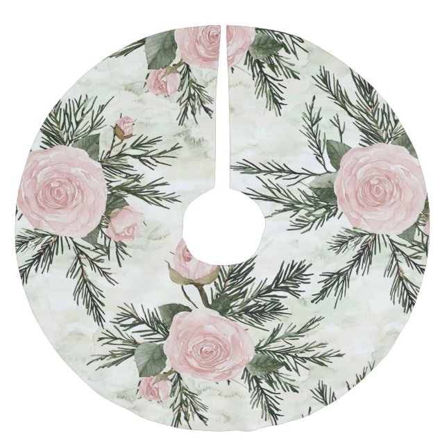 Blush Rose Floral Christmas Brushed Polyester Tree Skirt (Front)