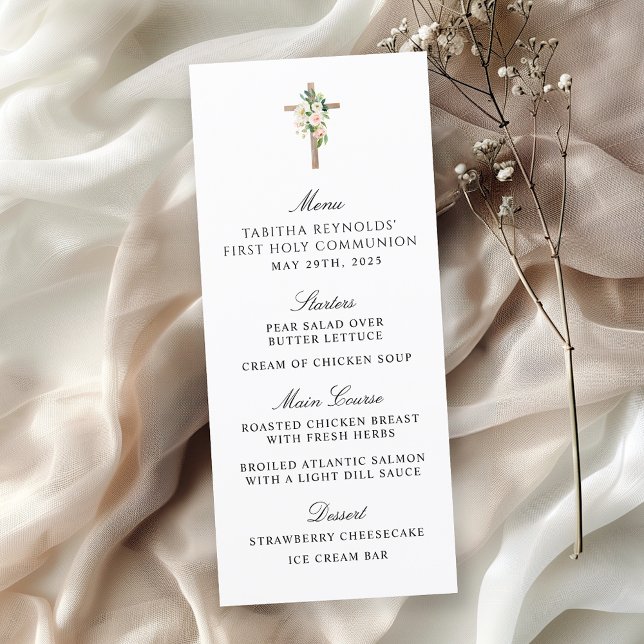 Blush Rose Floral Cross First Communion Menu (Creator Uploaded)