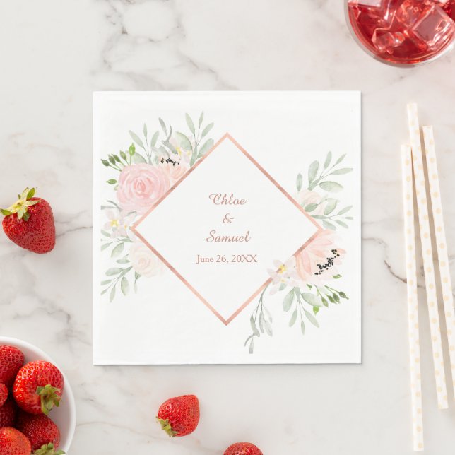 Blush Rose Floral Frame Wedding Napkin (Insitu)