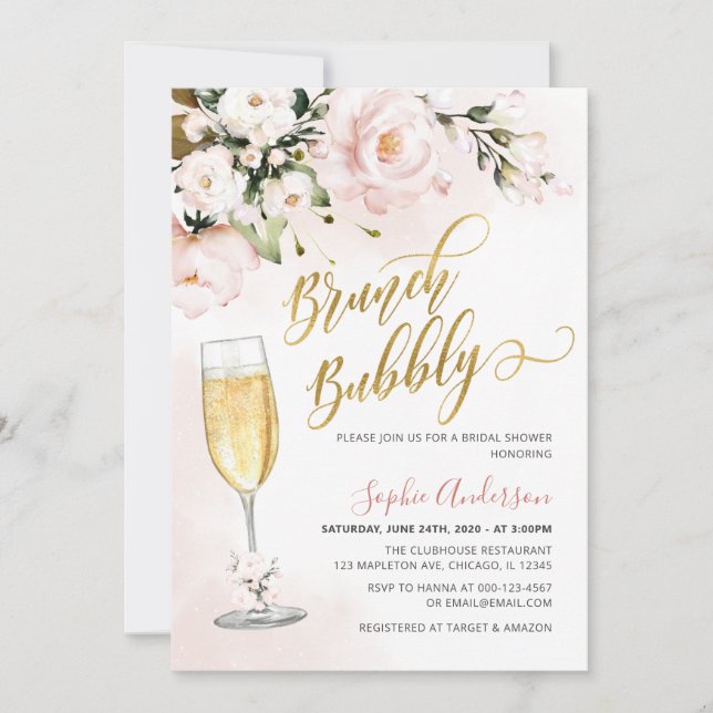 Blush Rose Floral Glitter Gold Brunch And Bubbly  Invitation (Front)