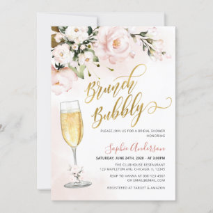 Blush Rose Floral Glitter Gold Brunch And Bubbly Invitation