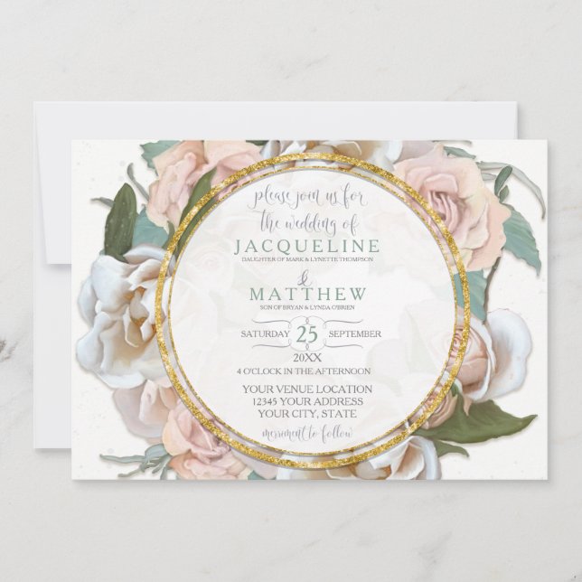 Blush Rose Floral Gold Modern Script Handwriting Invitation (Front)