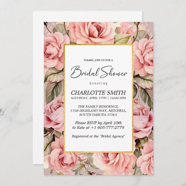 Blush Rose Floral Watercolor Bridal Shower Invitation (Front/Back)