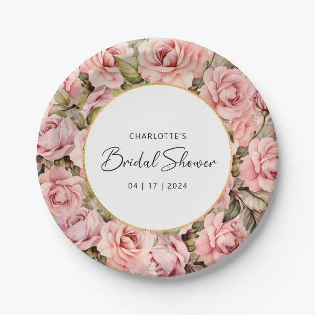 Blush Rose Floral Watercolor Bridal Shower Paper Plate (Front)