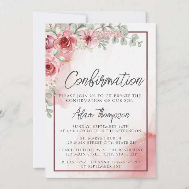 Blush Rose Floral Watercolor Confirmation Invitation (Front)