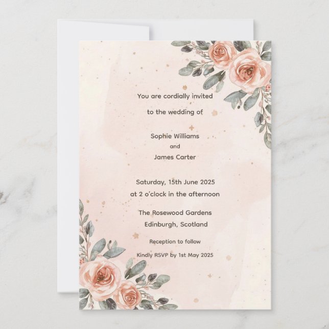Blush Rose Floral Watercolour Wedding Invitation (Front)