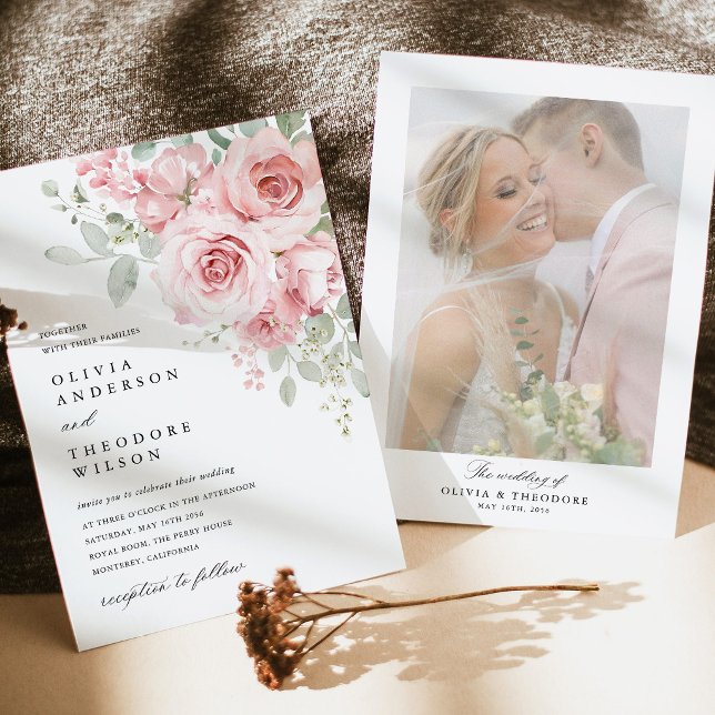 Blush Rose Floral Wedding Photo Back Invitation (Blush Rose Floral Photo Wedding Invitation, Watercolor Blush Pink Rose Invite with Photo Back)