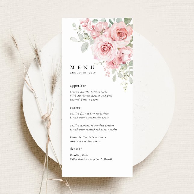 Blush Rose Floral Wedding Reception Dinner Menu (Blush Rose Floral Wedding Menu Card, Blush Pink Rose Reception Menu, Watercolor Wedding Stationery)