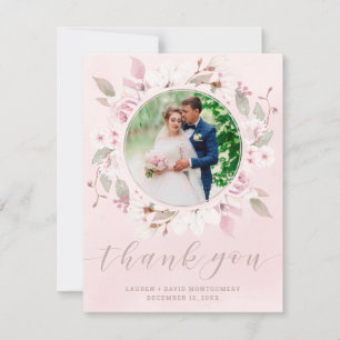 Blush Rose Floral Wreath Wedding Photo Thank You Card