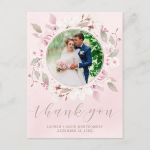 Blush Rose Floral Wreath Wedding Photo Thank You Postcard