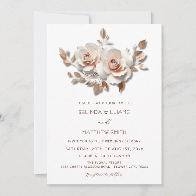 Blush  Rose Gold 3D Flowers Simple Invitation (Front)
