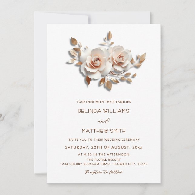 Blush  Rose Gold 3D Flowers Simple Invitation (Front)