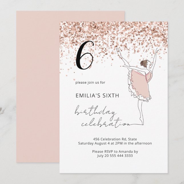 Blush Rose Gold Ballerina Ballet Dancer Birthday  Invitation (Front/Back)