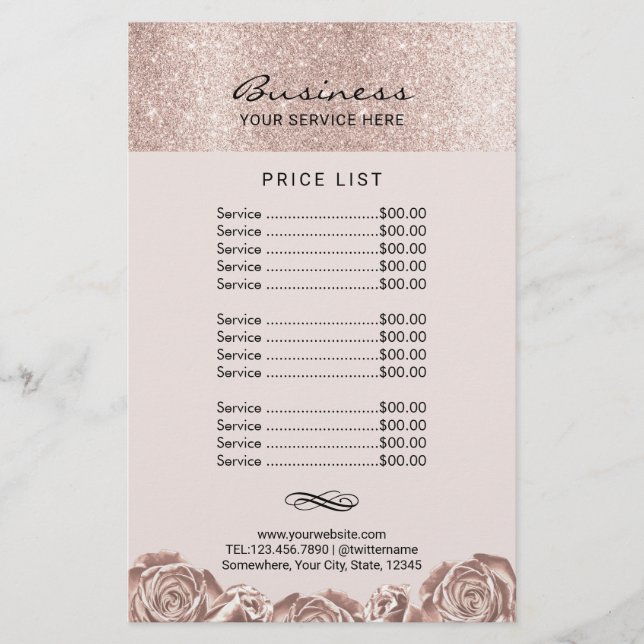 Blush Rose Gold Floral Beauty Salon Spa Price List Flyer (Front)