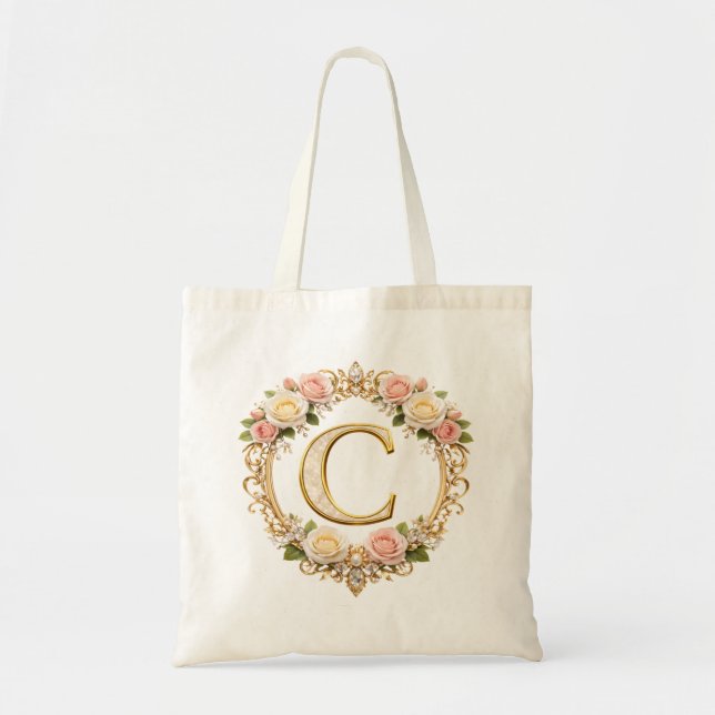 Blush Rose Gold Floral Monogram Letter C Wedding Tote Bag (Front)
