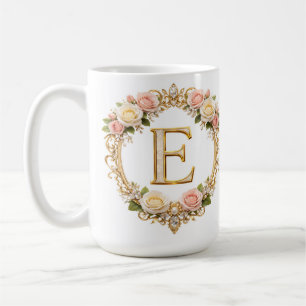 Blush Rose Gold Floral Monogram Letter E Wedding Coffee Mug