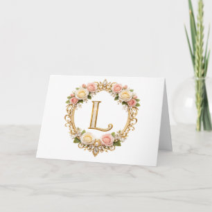 Blush Rose Gold Floral Monogram Letter L Wedding Thank You Card