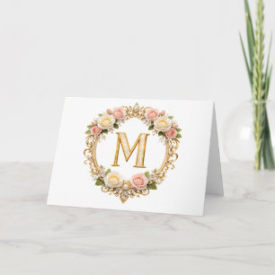 Blush Rose Gold Floral Monogram Letter M Wedding Thank You Card