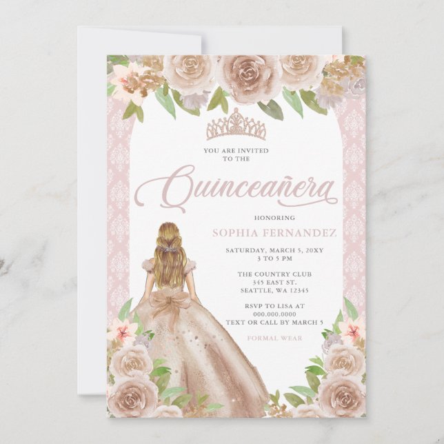 Blush Rose Gold Floral Princess Tiara Quinceañera Invitation (Front)