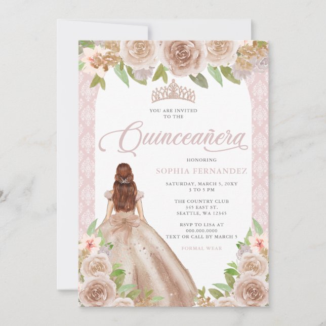 Blush Rose Gold Floral Princess Tiara Quinceañera Invitation (Front)