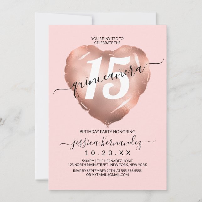 Blush Rose Gold Foil Heart Balloon Quinceañera Invitation (Front)