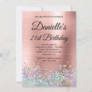 Blush Rose Gold Foil Holo Glitter Fancy Monogram Invitation
