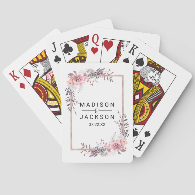 Blush & Rose Gold Framed Floral Wedding Favour Playing Cards (Back)