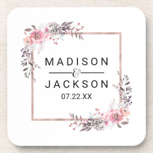 Blush & Rose Gold Framed Floral Wedding Monogram Coaster