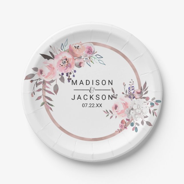 Blush & Rose Gold Framed Floral Wedding Monogram Paper Plate (Front)