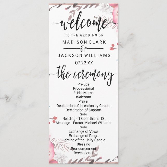 Blush & Rose Gold Framed Floral Wedding Program Programme (Front)