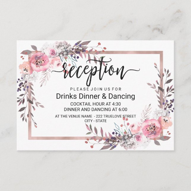 Blush & Rose Gold Framed Floral Wedding Reception Enclosure Card (Front)