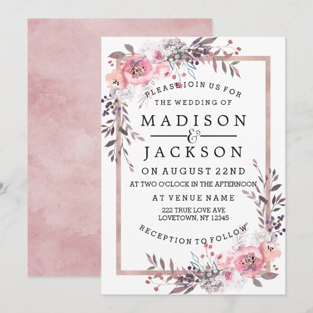 Blush & Rose Gold Framed Wedding Invitations (Front/Back)