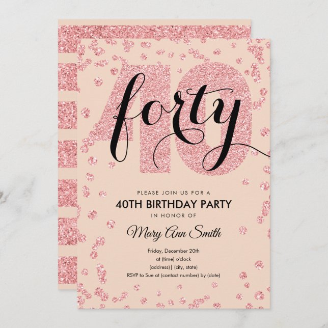 Blush Rose Gold Glitter 40th Birthday Party Invitation (Front/Back)